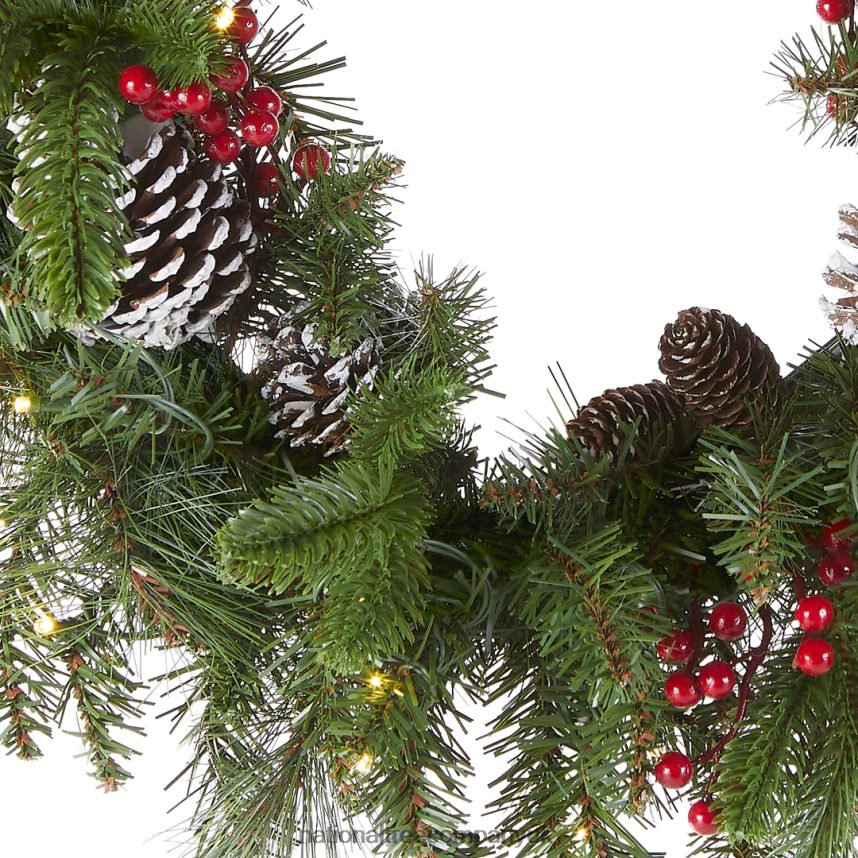 Greenery | National Tree Company Pre-Lit Artificial Christmas Wreath Green Bristle Berry Pine White Lights Decorated with Frosted Branches Pine Cones Berry Clusters Christmas Collection 24 Inc